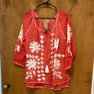 200. Rhea Costa Coral Blouse with White Floral Embroidery